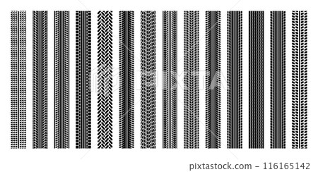 Tire tracks, wheel braking marks. Truck, car or motorcycle tread pattern silhouettes. Auto race, motorsport, speed racing design element. Vector illustration 116165142