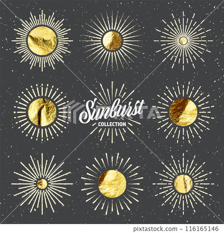 Vintage grunge sunburst sunset beams. Gold foil, shiny handmade circles. Golden glittering texture, pattern. Hand drawn bursting sun, light rays. Logotype, lettering, retro style. Vector illustration 116165146