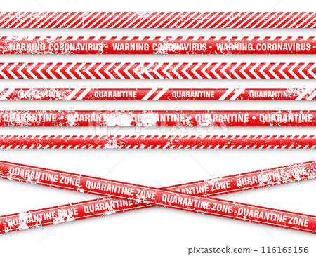 Old grunge quarantine zone warning tape. Novel coronavirus outbreak. Global lockdown. Red coronavirus danger stripe. Police caution line, restricted area. Construction tape. Vector illustration 116165156