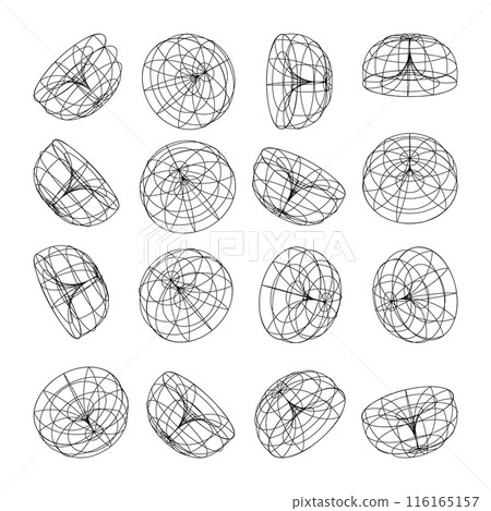 Wireframe lined shapes. Perspective mesh, 3d grid. Low poly geometric elements. Retro futuristic design elements, y2k, vaporwave and synthwave style. Vector illustration 116165157
