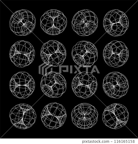 Wireframe lined shapes. Perspective mesh, 3d grid. Low poly geometric elements. Retro futuristic design elements, y2k, vaporwave and synthwave style. Vector illustration 116165158