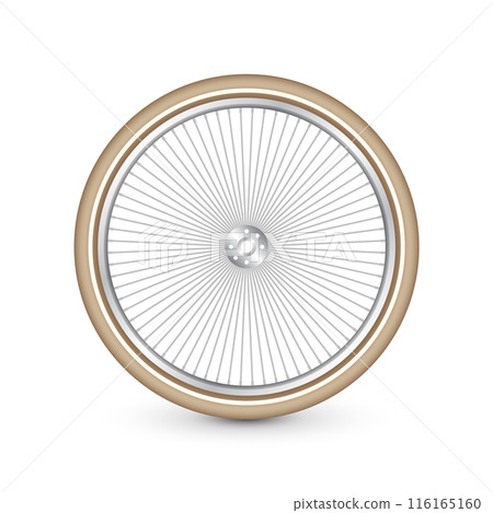 Realistic 3d retro bicycle wheel. Bike rubber tire, shiny metal spokes and rim. Fitness cycle, touring, sport, road and mountain bike. Vector illustration 116165160
