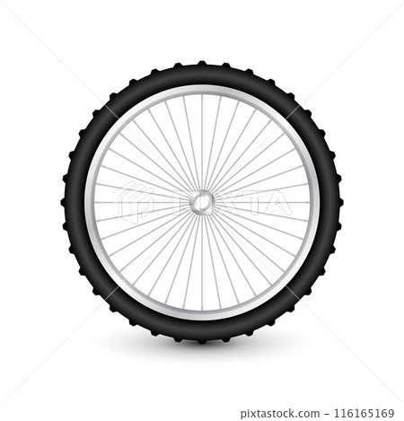 Realistic 3d bicycle wheel. Bike rubber tire, shiny metal spokes and rim. Fitness cycle, touring, sport, road and mountain bike. Vector illustration 116165169