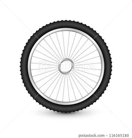Realistic 3d bicycle wheel. Bike rubber tire, shiny metal spokes and rim. Fitness cycle, touring, sport, road and mountain bike. Vector illustration Realistic 3d bicycle wheel. Bike rubber tire, shiny metal spokes and rim. Fitness cycle, touring, sport, road and mountain bike. Vector illustration 116165180