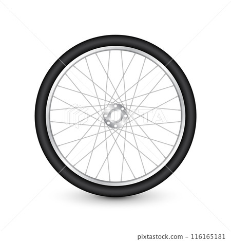 Realistic 3d bicycle wheel. Bike rubber tire, shiny metal spokes and rim. Fitness cycle, touring, sport, road and mountain bike. Vector illustration 116165181