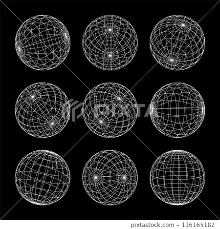 Wireframe shapes, lined sphere. Perspective mesh, 3d grid. Low poly geometric elements. Retro futuristic design elements, y2k, vaporwave and synthwave style. Vector illustration Wireframe shapes, lined sphere. Perspective mesh, 3d grid. Low poly geometric elements. Retro futuristic design elements, y2k, vaporwave and synthwave style. Vector illustration 116165182