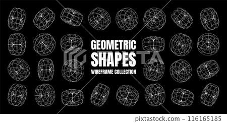 Wireframe lined shapes. Perspective mesh, 3d grid. Low poly geometric elements. Retro futuristic design elements, y2k, vaporwave and synthwave style. Vector illustration 116165185