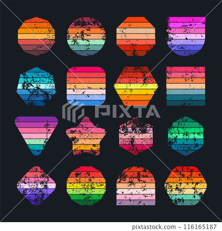 Grunge vintage sunset collection. Various colorful striped sunrise badges in 80s and 90s style. Sun and ocean view, summer vibes, surfing. Design element, print, logo or t-shirt. Vector illustration 116165187