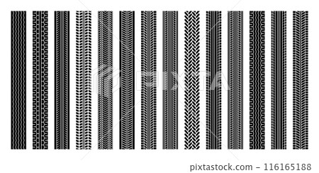 Tire tracks, wheel braking marks. Truck, car or motorcycle tread pattern silhouettes. Auto race, motorsport, speed racing design element. Vector illustration Tire tracks, wheel braking marks. Truck, car or motorcycle tread pattern silhouettes. Auto race, motorsport, speed racing design element. Vector illustration 116165188
