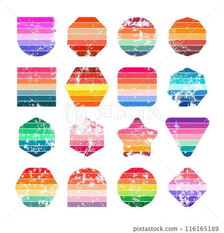 Grunge vintage sunset collection. Various colorful striped sunrise badges in 80s and 90s style. Sun and ocean view, summer vibes, surfing. Design element, print, logo or t-shirt. Vector illustration Grunge vintage sunset collection. Various colorful striped sunrise badges in 80s and 90s style. Sun and ocean view, summer vibes, surfing. Design element, print, logo or t-shirt. Vector illustration 116165189
