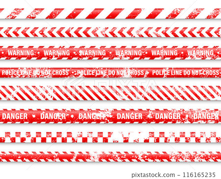 Old grunge barricade construction tape. Red police warning line, brightly colored danger or hazard stripe, ribbon. Restricted area, zone. Attention symbol. Vector illustration 116165235
