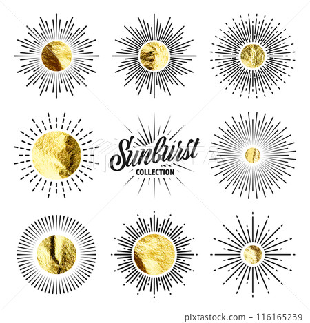 Vintage sunburst, sunset beams. Gold foil, shiny handmade circles. Golden glittering texture, pattern. Hand drawn bursting sun, light rays. Logotype or lettering, retro style. Vector illustration Vintage sunburst, sunset beams. Gold foil, shiny handmade circles. Golden glittering texture, pattern. Hand drawn bursting sun, light rays. Logotype or lettering, retro style. Vector illustration 116165239