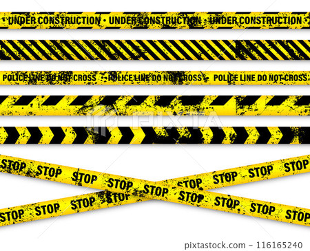 Old grunge barricade construction tape. Yellow police warning line, brightly colored danger or hazard stripe, ribbon. Restricted area, zone. Attention symbol. Vector illustration 116165240