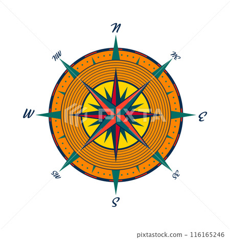 Vintage marine wind rose, nautical chart. Colorful navigational compass with cardinal directions of North, East, South, West. Geographical position, cartography and navigation. Vector illustration 116165246