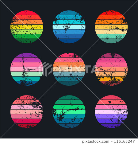 Grunge vintage sunset collection. Colorful striped sunrise badges in 80s and 90s style. Sun and ocean view, summer vibes, surfing. Design element for print, logo or t-shirt. Vector illustration Grunge vintage sunset collection. Colorful striped sunrise badges in 80s and 90s style. Sun and ocean view, summer vibes, surfing. Design element for print, logo or t-shirt. Vector illustration 116165247