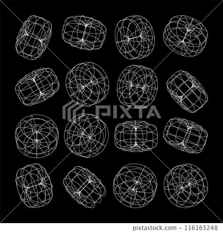 Wireframe lined shapes. Perspective mesh, 3d grid. Low poly geometric elements. Retro futuristic design elements, y2k, vaporwave and synthwave style. Vector illustration Wireframe lined shapes. Perspective mesh, 3d grid. Low poly geometric elements. Retro futuristic design elements, y2k, vaporwave and synthwave style. Vector illustration 116165248