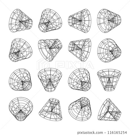 Wireframe lined shapes. Perspective mesh, 3d grid. Low poly geometric elements. Retro futuristic design elements, y2k, vaporwave and synthwave style. Vector illustration 116165254