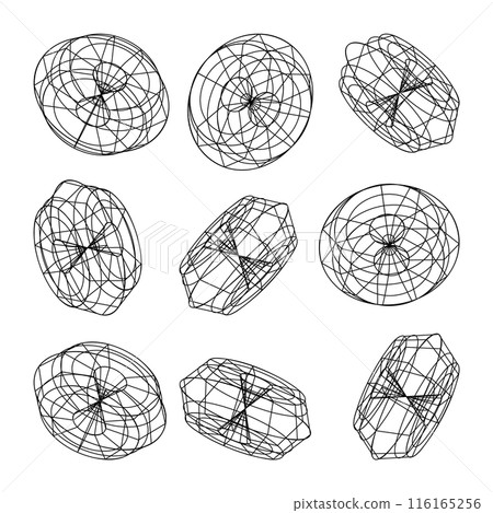 Wireframe lined shapes. Perspective mesh, 3d grid. Low poly geometric elements. Retro futuristic design elements, y2k, vaporwave and synthwave style. Vector illustration 116165256