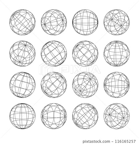 Wireframe shapes, lined sphere. Perspective mesh, 3d grid. Low poly geometric elements. Retro futuristic design elements, y2k, vaporwave and synthwave style. Vector illustration Wireframe shapes, lined sphere. Perspective mesh, 3d grid. Low poly geometric elements. Retro futuristic design elements, y2k, vaporwave and synthwave style. Vector illustration 116165257