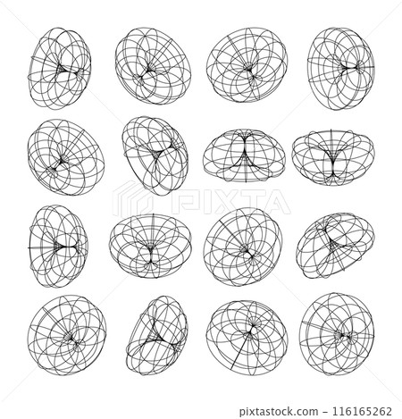 Wireframe lined shapes. Perspective mesh, 3d grid. Low poly geometric elements. Retro futuristic design elements, y2k, vaporwave and synthwave style. Vector illustration Wireframe lined shapes. Perspective mesh, 3d grid. Low poly geometric elements. Retro futuristic design elements, y2k, vaporwave and synthwave style. Vector illustration 116165262