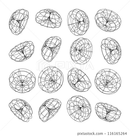 Wireframe lined shapes. Perspective mesh, 3d grid. Low poly geometric elements. Retro futuristic design elements, y2k, vaporwave and synthwave style. Vector illustration Wireframe lined shapes. Perspective mesh, 3d grid. Low poly geometric elements. Retro futuristic design elements, y2k, vaporwave and synthwave style. Vector illustration 116165264