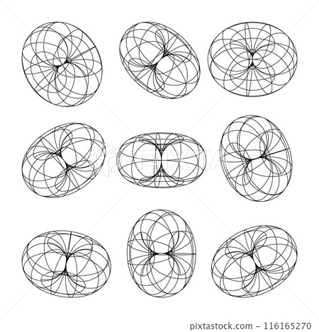 Wireframe shapes, lined torus. Perspective mesh, 3d grid. Low poly geometric elements. Retro futuristic design elements, y2k, vaporwave and synthwave style. Vector illustration 116165270