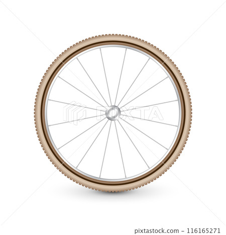 Realistic 3d retro bicycle wheel. Bike rubber tire, shiny metal spokes and rim. Fitness cycle, touring, sport, road and mountain bike. Vector illustration 116165271
