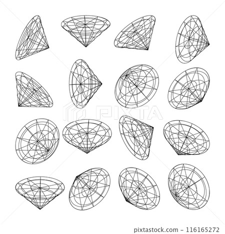Wireframe lined shapes. Perspective mesh, 3d grid. Low poly geometric elements. Retro futuristic design elements, y2k, vaporwave and synthwave style. Vector illustration 116165272