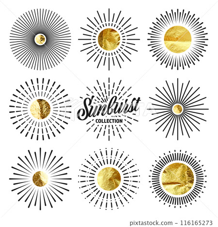 Vintage sunburst, sunset beams. Gold foil, shiny handmade circles. Golden glittering texture, pattern. Hand drawn bursting sun, light rays. Logotype or lettering, retro style. Vector illustration Vintage sunburst, sunset beams. Gold foil, shiny handmade circles. Golden glittering texture, pattern. Hand drawn bursting sun, light rays. Logotype or lettering, retro style. Vector illustration 116165273