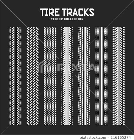 Tire tracks, wheel braking marks. Truck, car or motorcycle tread pattern silhouettes. Auto race, motorsport, speed racing design element. Vector illustration Tire tracks, wheel braking marks. Truck, car or motorcycle tread pattern silhouettes. Auto race, motorsport, speed racing design element. Vector illustration 116165274