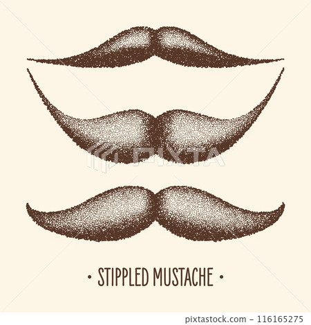 Brown stippled vintage mustache. Curly facial hair. Hipster beard. Stippling, dot drawing and shading, stipple pattern, halftone effect. Vector illustration Brown stippled vintage mustache. Curly facial hair. Hipster beard. Stippling, dot drawing and shading, stipple pattern, halftone effect. Vector illustration 116165275