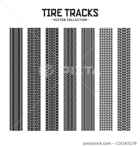 Tire tracks, wheel braking marks. Truck, car or motorcycle tread pattern silhouettes. Auto race, motorsport, speed racing design element. Vector illustration Tire tracks, wheel braking marks. Truck, car or motorcycle tread pattern silhouettes. Auto race, motorsport, speed racing design element. Vector illustration 116165276