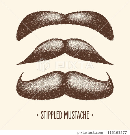 Brown stippled vintage mustache. Curly facial hair. Hipster beard. Stippling, dot drawing and shading, stipple pattern, halftone effect. Vector illustration 116165277