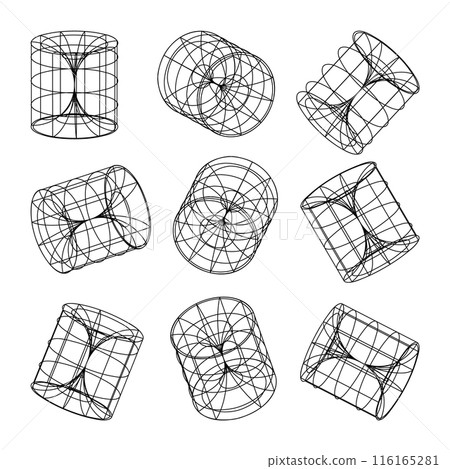 Wireframe lined shapes. Perspective mesh, 3d grid. Low poly geometric elements. Retro futuristic design elements, y2k, vaporwave and synthwave style. Vector illustration Wireframe lined shapes. Perspective mesh, 3d grid. Low poly geometric elements. Retro futuristic design elements, y2k, vaporwave and synthwave style. Vector illustration 116165281