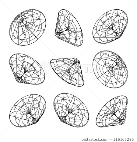 Wireframe lined shapes. Perspective mesh, 3d grid. Low poly geometric elements. Retro futuristic design elements, y2k, vaporwave and synthwave style. Vector illustration 116165286