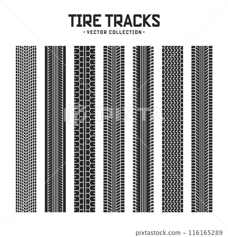 Tire tracks, wheel braking marks. Truck, car or motorcycle tread pattern silhouettes. Auto race, motorsport, speed racing design element. Vector illustration Tire tracks, wheel braking marks. Truck, car or motorcycle tread pattern silhouettes. Auto race, motorsport, speed racing design element. Vector illustration 116165289