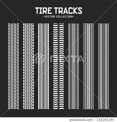 Tire tracks, wheel braking marks. Truck, car or motorcycle tread pattern silhouettes. Auto race, motorsport, speed racing design element. Vector illustration Tire tracks, wheel braking marks. Truck, car or motorcycle tread pattern silhouettes. Auto race, motorsport, speed racing design element. Vector illustration 116165293