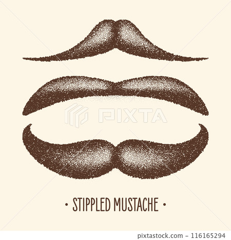 Brown stippled vintage mustache. Curly facial hair. Hipster beard. Stippling, dot drawing and shading, stipple pattern, halftone effect. Vector illustration Brown stippled vintage mustache. Curly facial hair. Hipster beard. Stippling, dot drawing and shading, stipple pattern, halftone effect. Vector illustration 116165294