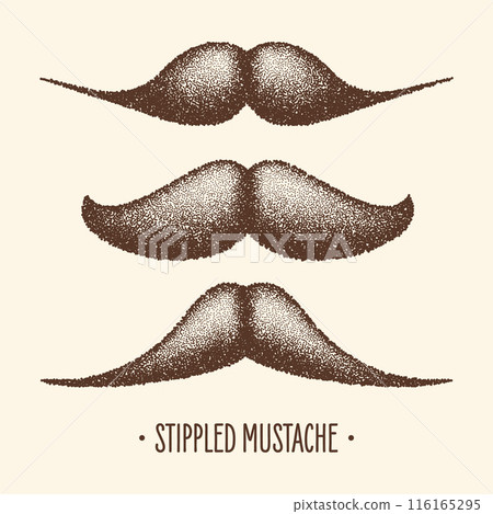Brown stippled vintage mustache. Curly facial hair. Hipster beard. Stippling, dot drawing and shading, stipple pattern, halftone effect. Vector illustration Brown stippled vintage mustache. Curly facial hair. Hipster beard. Stippling, dot drawing and shading, stipple pattern, halftone effect. Vector illustration 116165295