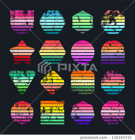 Grunge vintage sunset collection. Various colorful striped sunrise badges in 80s and 90s style. Sun and ocean view, summer vibes, surfing. Design element, print, logo or t-shirt. Vector illustration 116165332