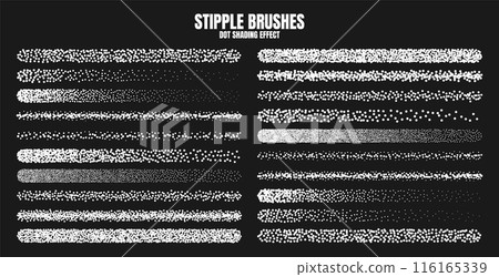 Stipple scatter brush, ink drawing and texturing. Fading gradient. Stippling, dotwork drawing, shading using dots. Halftone disintegration effect. White noise grainy texture. Vector illustration 116165339