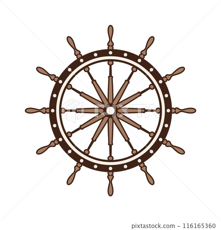 Wooden vintage steering wheels. Ship, sailboat or yacht retro wheel symbol. Nautical rudder icon. Marine logotype design element. Vector illustration 116165360