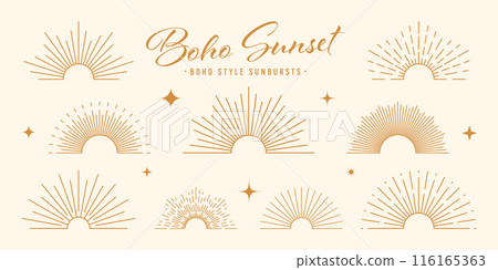 Vintage sunburst, sunset beams, half circle sunrise. Boho style, modern minimalist bohemian design. Hand drawn bursting sun, light rays. Lettering design element in retro style. Vector illustration 116165363