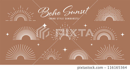 Vintage sunburst, sunset beams, half circle sunrise. Boho style, modern minimalist bohemian design. Hand drawn bursting sun, light rays. Lettering design element in retro style. Vector illustration 116165364