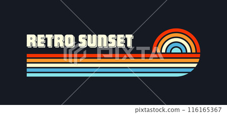 Vintage sunset collection. Various colorful striped sunrise badges in 80s and 90s style. Sun and ocean view, summer vibes, surfing. Design element for print, logo or t-shirt. Vector illustration 116165367