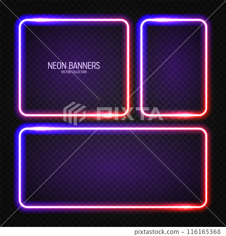 Glowing neon banners, illuminated colorful square frames. Shiny vibrant border, glow effect. Violet vintage retro lights, night illumination. Modern futuristic UI design elements. Vector illustration 116165368