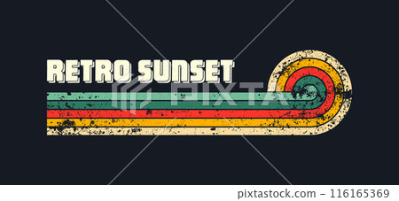 Grunge horizontal vintage sunsets. Various colorful striped sunrise badges in 80s and 90s style. Sun and ocean view, summer vibes, surfing. Design element, print, logo or t-shirt. Vector illustration 116165369