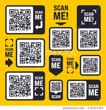 Scan me QR code sticker with text. Online payment. Special offer sale stickers, shopping discount label, promotional badge. Product serial number. Supermarket retail price tag. Vector illustration Scan me QR code sticker with text. Online payment. Special offer sale stickers, shopping discount label, promotional badge. Product serial number. Supermarket retail price tag. Vector illustration 116165393