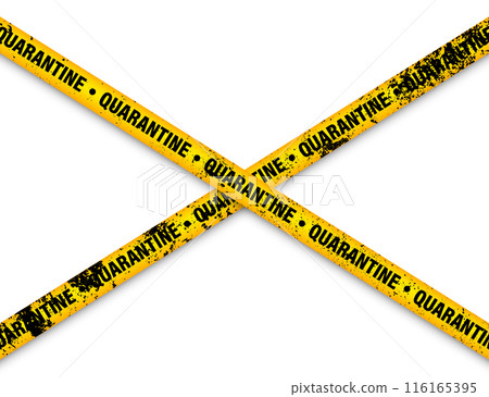Old grunge quarantine zone warning tape. Novel coronavirus outbreak. Global lockdown. Yellow coronavirus danger stripe. Police caution line, restricted area. Construction tape. Vector illustration Old grunge quarantine zone warning tape. Novel coronavirus outbreak. Global lockdown. Yellow coronavirus danger stripe. Police caution line, restricted area. Construction tape. Vector illustration 116165395