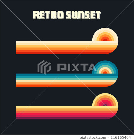 Vintage sunset collection. Various colorful striped sunrise badges in 80s and 90s style. Sun and ocean view, summer vibes, surfing. Design element for print, logo or t-shirt. Vector illustration Vintage sunset collection. Various colorful striped sunrise badges in 80s and 90s style. Sun and ocean view, summer vibes, surfing. Design element for print, logo or t-shirt. Vector illustration 116165404